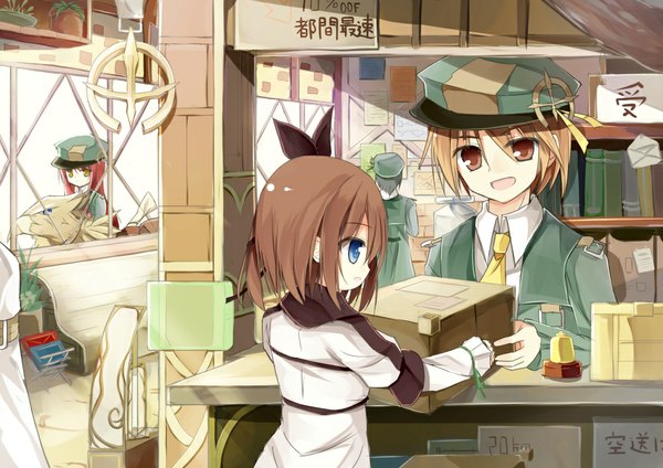 Anime picture 1000x708 with original yuuhagi (artist) short hair open mouth blue eyes smile brown hair brown eyes red hair profile back girl boy uniform necktie book (books) peaked cap bench box envelope