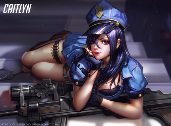 Anime picture 1349x1000 with league of legends caitlyn (league of legends) officer caitlyn liang xing single long hair looking at viewer fringe light erotic hair between eyes purple eyes signed blue hair bent knee (knees) lying parted lips lips realistic character names lipstick
