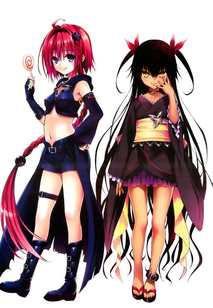 Anime picture 1231x1773 with toloveru toloveru darkness xebec kurosaki mea master nemesis long hair tall image looking at viewer blush blue eyes black hair simple background smile white background multiple girls yellow eyes red hair braid (braids) traditional clothes japanese clothes
