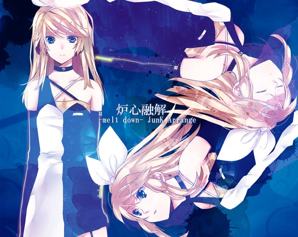 Anime picture 1313x1047 with vocaloid meltdown (vocaloid) kagamine rin kagamine rin (meltdown) hatsuko long hair blue eyes blonde hair bare shoulders eyes closed multiple persona girl gloves hair ornament bow hair bow choker elbow gloves bobby pin