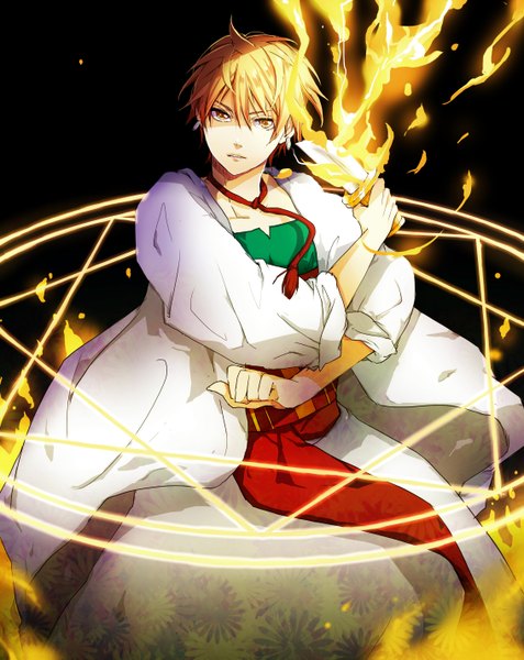 Anime picture 2268x2852 with magi the labyrinth of magic a-1 pictures ali baba saluja yuuki (pit) single tall image highres short hair blonde hair yellow eyes traditional clothes magic dark background boy weapon fire flame magic circle dagger