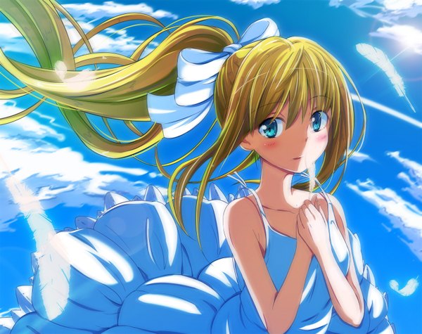 Anime picture 1500x1188 with air key (studio) kamio misuzu okome (minagisama) single long hair looking at viewer blush blue eyes blonde hair sky cloud (clouds) ponytail girl bow hair bow feather (feathers) sundress