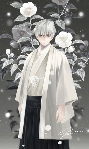 Anime picture 1000x1671 with sangatsu no lion shaft (studio) souya touji ihciuy0211 single tall image looking at viewer short hair standing signed white hair traditional clothes japanese clothes grey eyes expressionless boy flower (flowers) glasses haori hakama