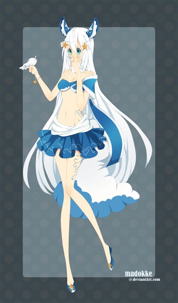 Anime picture 1000x1696 with original nebeskaa single long hair tall image blush simple background standing bare shoulders animal ears white hair tail very long hair animal tail pleated skirt aqua eyes grey background midriff tattoo polka dot