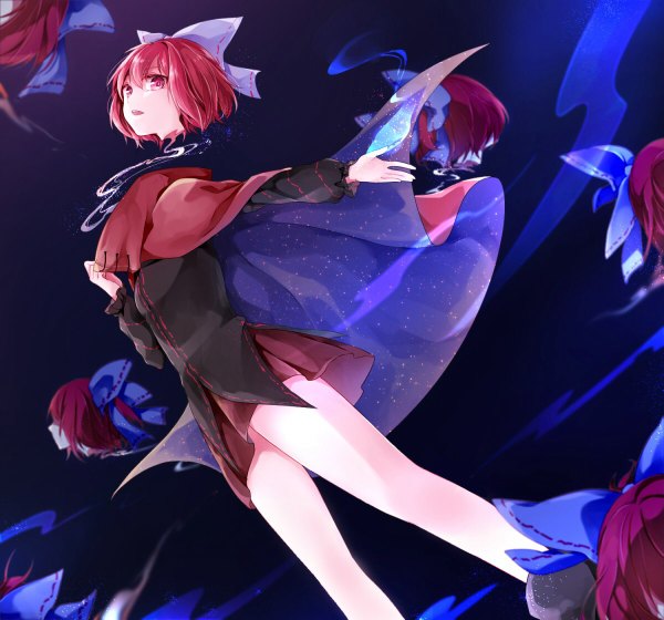 Anime picture 1200x1120 with touhou sekibanki yuki hiyoko (bluishsky) single looking at viewer short hair open mouth red eyes red hair bare legs from below outstretched arm disembodied head girl skirt ribbon (ribbons) hair ribbon miniskirt cape
