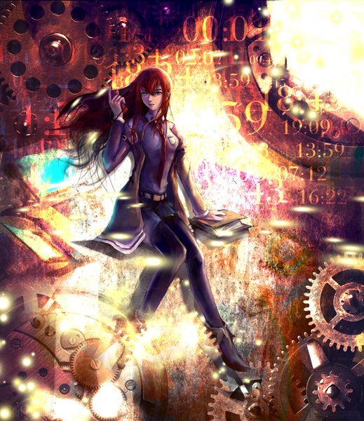 Anime picture 2594x3000 with steins;gate white fox makise kurisu single long hair tall image looking at viewer highres blue eyes brown hair open clothes open jacket girl necktie shorts boots book (books) phone gears