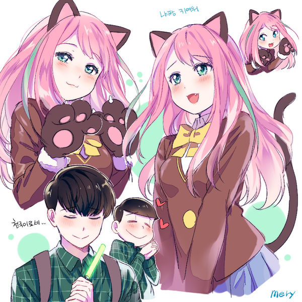 Anime picture 800x800 with osomatsu-san matsuno choromatsu hashimoto nyaa mery (yangmalgage) long hair blush fringe short hair black hair simple background smile white background signed animal ears looking away pink hair tail eyes closed animal tail multicolored hair