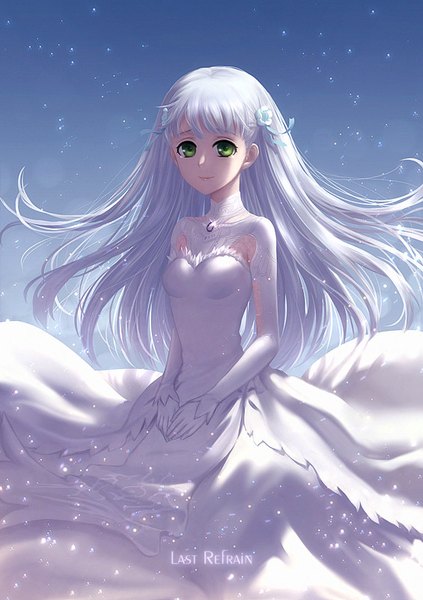 Anime picture 565x800 with aoki hagane no arpeggio iona dine&rita single long hair tall image looking at viewer fringe breasts simple background large breasts standing green eyes sky white hair hair flower light smile wind inscription sparkle