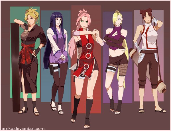 Anime picture 1200x921 with naruto studio pierrot naruto (series) hyuuga hinata haruno sakura yamanaka ino temari (naruto) tenten arriku looking at viewer fringe short hair blonde hair smile brown hair standing purple eyes bare shoulders multiple girls brown eyes