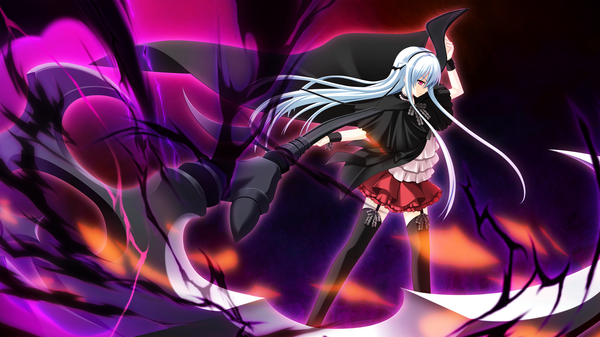 Anime picture 2560x1440 with shinigami no testament vivi alhazerd makita maki long hair highres red eyes wide image game cg silver hair girl thighhighs dress skirt weapon black thighhighs miniskirt hairband cape scythe