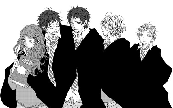 Anime picture 1920x1200 with harry potter lily evans sirius black james potter remus lupin peter pettigrew tagme (artist) long hair highres short hair black hair simple background blonde hair wide image white background eyes closed multiple boys monochrome group girl