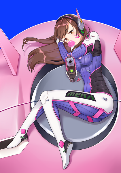 Anime picture 1241x1772 with overwatch blizzard entertainment d.va (overwatch) meka (overwatch) smile (mm-l) single long hair tall image fringe breasts brown hair holding brown eyes looking away full body lying from above facial mark on side whisker markings
