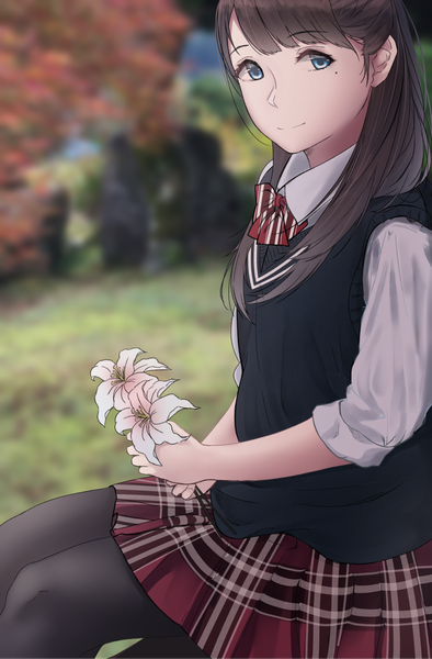 Anime picture 1001x1524 with original saitou (lynx-shrike) single long hair tall image looking at viewer fringe blue eyes black hair mole mole under eye girl skirt uniform flower (flowers) school uniform pantyhose black pantyhose