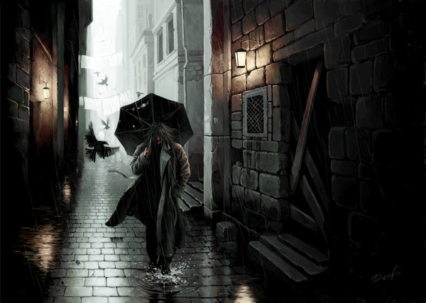 Anime picture 1000x711 with original denfo single short hair signed grey hair rain alley boy umbrella coat lantern clothes crow puddle
