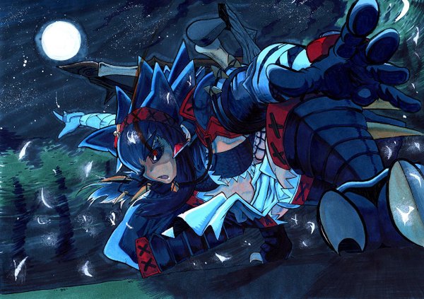 Anime picture 1208x853 with monster hunter nargacuga (armor) single long hair open mouth black hair red eyes night sky spread arms girl plant (plants) tree (trees) armor star (stars) full moon