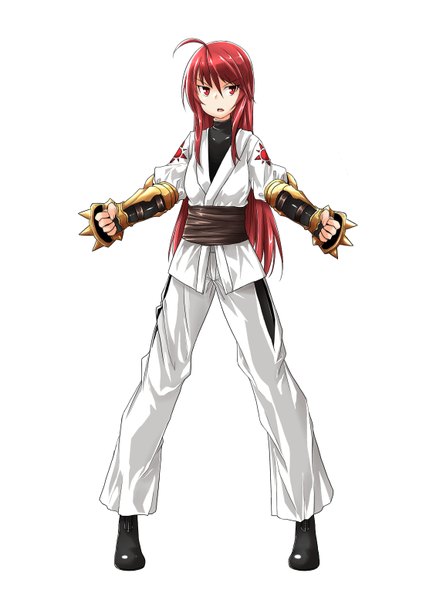 Anime picture 1104x1553 with original kaho single long hair tall image fringe breasts open mouth simple background red eyes white background looking away ahoge red hair girl weapon