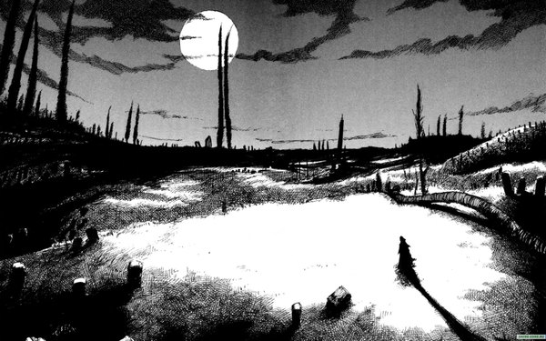 Anime picture 1680x1051 with blame! nihei tsutomu wide image monochrome landscape manga moon