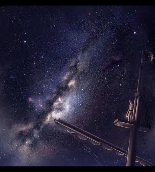 Anime picture 1175x1300 with one piece toei animation thatch megatruh single tall image sky night letterboxed milky way skull and crossbones pompadour boy star (stars) flag watercraft ship