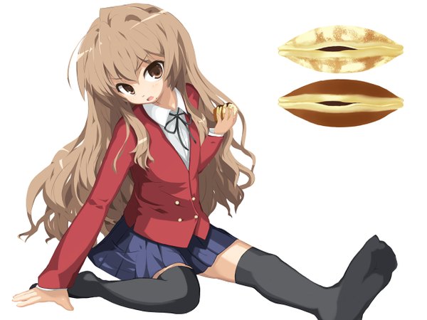 Anime picture 1280x960 with toradora j.c. staff aisaka taiga long hair brown hair brown eyes zettai ryouiki thighhighs uniform school uniform bread ozaki