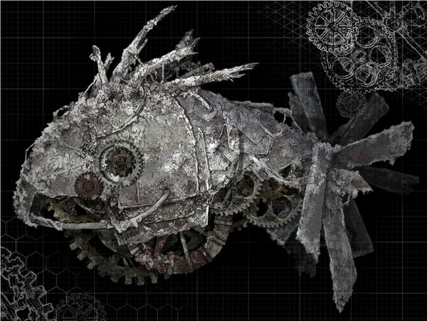 Anime picture 1024x773 with original inuou black background monochrome mechanical fish (fishes) robot mecha gears