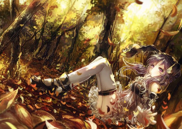 Anime picture 1500x1066 with vocaloid yuzuki yukari vima single long hair looking at viewer sitting purple eyes twintails animal ears purple hair bent knee (knees) censored bunny ears low twintails fake animal ears convenient censoring autumn girl thighhighs