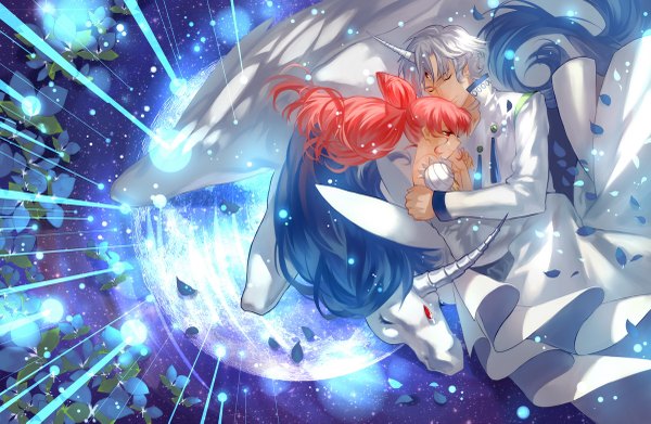 Anime picture 1200x783 with bishoujo senshi sailor moon toei animation princess usagi small lady helios pegasus (sailor moon) joseph lee long hair short hair red eyes pink hair silver hair white hair red hair eyes closed horn (horns) hair bun (hair buns) couple hug glowing space