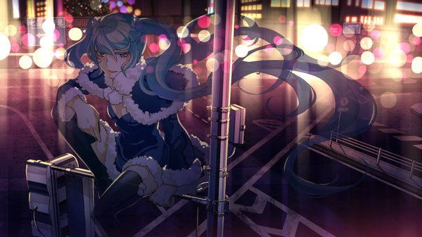 Anime picture 1728x972 with vocaloid hatsune miku no.734 single fringe highres breasts open mouth wide image cleavage bent knee (knees) outdoors very long hair aqua eyes wind aqua hair zettai ryouiki city lights street girl