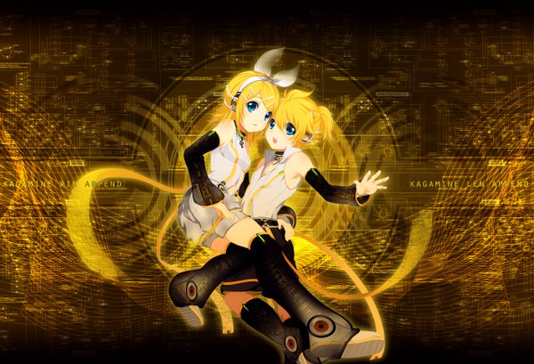 Anime picture 2560x1748 with vocaloid vocaloid append kagamine rin kagamine len kagamine rin (append) kagamine len (append) kaze-hime highres short hair open mouth blue eyes blonde hair inscription hug girl boy bow hair bow detached sleeves headphones