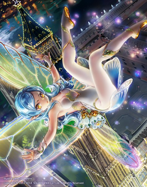 Anime picture 788x1000 with guardian cross jane mere single long hair tall image looking at viewer yellow eyes blue hair city flying fantasy insect wings curly hair fairy girl gloves pantyhose wings fingerless gloves leotard