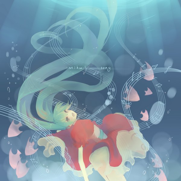 Anime picture 1748x1748 with vocaloid pixiv hatsune miku nicohi (artist) single fringe highres open mouth blue eyes twintails very long hair blue background underwater music girl dress water belt fish (fishes) red dress