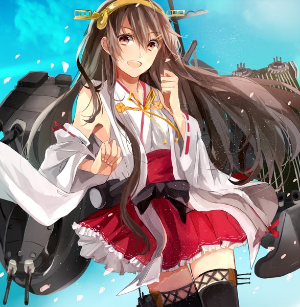 Anime picture 900x920 with kantai collection haruna battleship mii (sogemasaru) single long hair tall image fringe open mouth hair between eyes brown hair brown eyes sky traditional clothes :d japanese clothes zettai ryouiki nontraditional miko girl thighhighs hair ornament