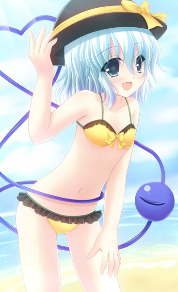 Anime picture 966x1578 with touhou komeiji koishi shimotsuki keisuke single tall image blush short hair open mouth blue eyes light erotic blue hair girl navel bow swimsuit hat bikini eyeball