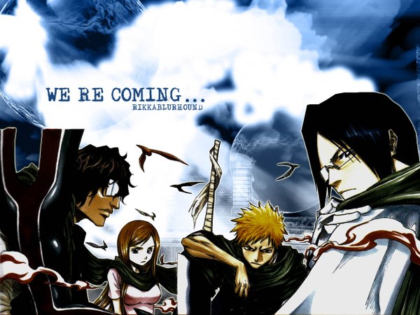 Anime picture 1280x960 with bleach studio pierrot kurosaki ichigo inoue orihime ishida uryuu sado yasutora short hair black hair blonde hair brown hair multiple boys third-party edit girl boy weapon animal sword glasses bird (birds) 3 boys