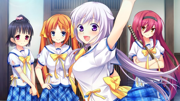 Anime picture 2560x1440 with wagaya no himegami-sama! long hair blush highres short hair open mouth blue eyes black hair smile wide image purple eyes multiple girls game cg purple hair white hair orange hair orange eyes girl uniform school uniform