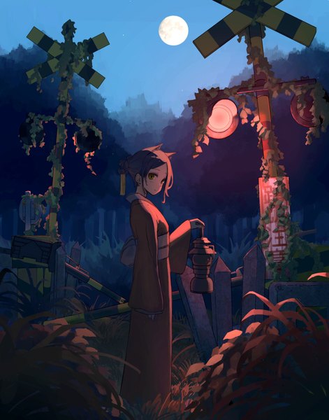 Anime picture 1524x1942 with original amekaze yukinatsu single tall image short hair black hair standing holding brown eyes animal ears full body outdoors traditional clothes japanese clothes cat ears night hair bun (hair buns) railroad crossing girl plant (plants)