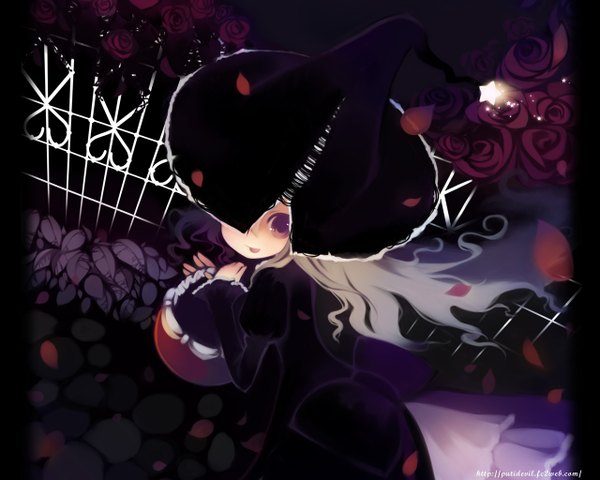 Anime picture 1280x1024 with original puti devil single long hair looking at viewer blonde hair holding brown eyes outdoors light smile from above wind puffy sleeves turning head dark background :p hat over eyes girl dress flower (flowers)