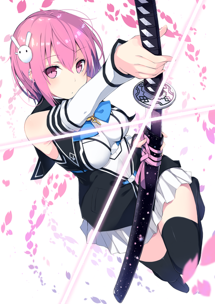 Anime picture 958x1348 with original kurebayashi noe single tall image looking at viewer fringe short hair simple background hair between eyes white background holding pink hair long sleeves pleated skirt pink eyes zettai ryouiki outstretched arm sheathed unsheathing girl