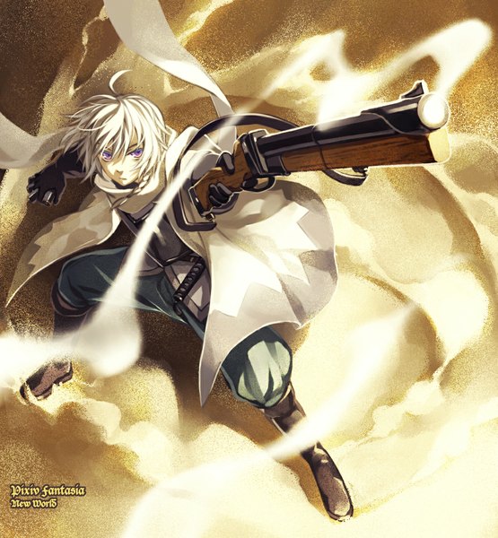 Anime picture 1018x1100 with original pixiv fantasia south114 single tall image short hair purple eyes silver hair spread legs boy gloves weapon boots gun costume