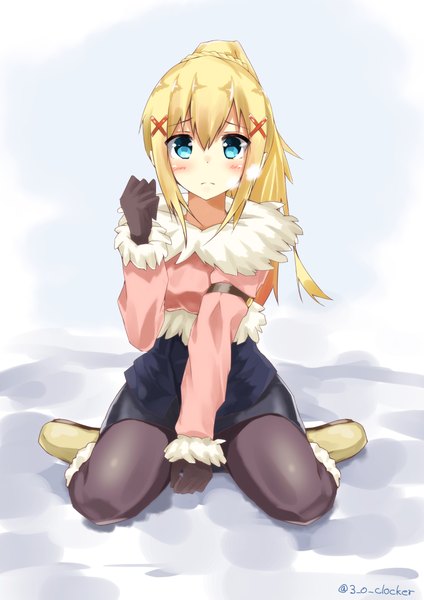 Anime picture 777x1100 with kono subarashii sekai ni shukufuku wo! studio deen darkness (konosuba) osanzi (3-o-clocker) single long hair tall image looking at viewer blush fringe blue eyes blonde hair sitting ponytail grey background wariza exhalation girl gloves pantyhose