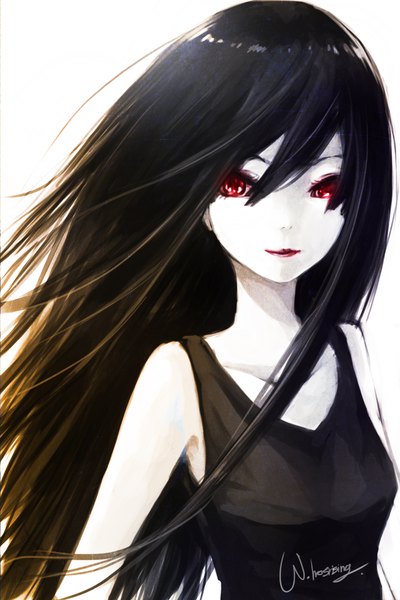 Anime picture 1200x1800 with original w-hosrising single long hair tall image fringe black hair simple background smile hair between eyes red eyes white background signed upper body girl tank top