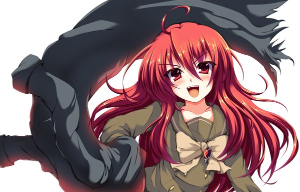 Anime picture 2955x1891 with shakugan no shana j.c. staff shana nekur single long hair looking at viewer blush highres open mouth simple background red eyes white background ahoge red hair girl uniform school uniform pendant coat
