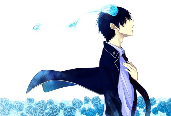 Anime picture 4000x2728 with ao no exorcist a-1 pictures okumura rin single highres short hair black hair white background absurdres eyes closed profile hair flower pointy ears boy hair ornament flower (flowers) petals necktie blue rose