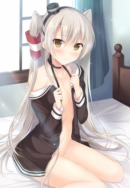 Anime picture 1392x2012 with kantai collection amatsukaze destroyer tomoo (tomo) single long hair tall image looking at viewer blush light erotic sitting brown eyes white hair two side up girl navel hat hair tubes mini hat mini top hat