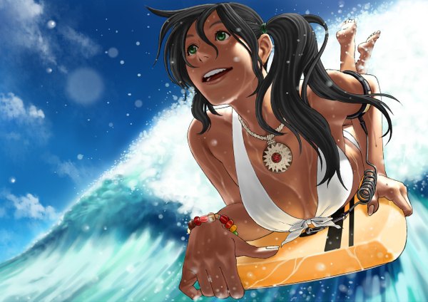 Anime picture 2480x1753 with original hatake yuui (artist) single long hair highres open mouth light erotic black hair green eyes tail barefoot dark skin side ponytail looking up on stomach front-tie top foreshortening girl swimsuit bikini