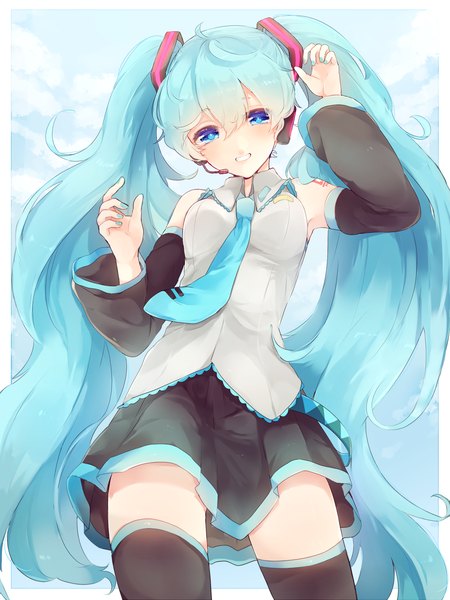 Anime picture 1200x1600 with vocaloid hatsune miku makoto (pixiv15577210) single long hair tall image looking at viewer fringe blue eyes hair between eyes twintails bare shoulders ahoge nail polish aqua hair from below zettai ryouiki framed girl thighhighs