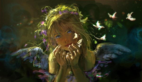 Anime picture 1280x742 with original anndr (artist) single long hair looking at viewer fringe blue eyes blonde hair wide image purple eyes bare shoulders hair flower light smile sunlight dark background angel wings girl hair ornament wings insect