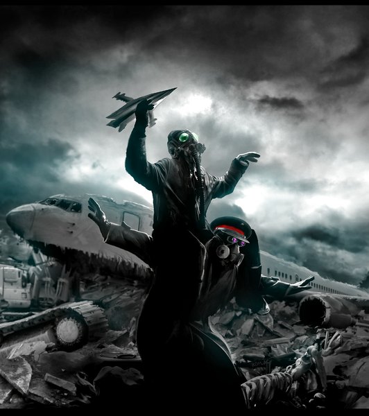 Anime picture 1000x1128 with romantically apocalyptic alexiuss tall image sitting sky spread arms destruction bone (bones) post-apocalyptic abandoned boy gloves coat peaked cap aircraft airplane suitcase gas mask