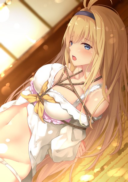 Anime picture 707x1000 with granblue fantasy jeanne d'arc (granblue fantasy) suzuame yatsumi single long hair tall image blush fringe breasts open mouth blue eyes light erotic blonde hair hair between eyes large breasts bare shoulders ahoge indoors lying bare belly