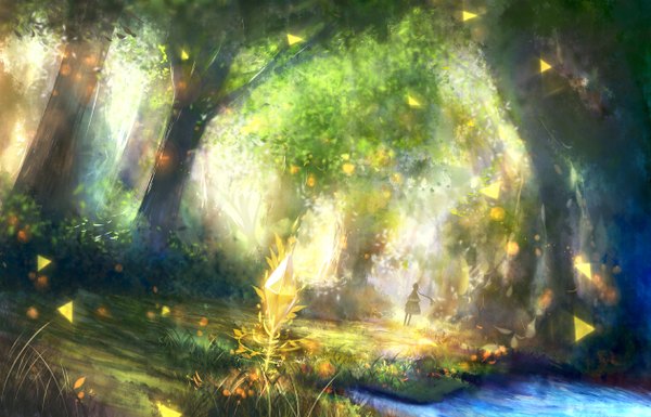 Anime picture 1260x810 with original bounin single long hair standing wind from behind sunlight sunbeam girl skirt plant (plants) tree (trees) forest