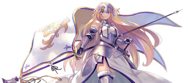 Anime picture 1650x735 with fate (series) fate/apocrypha jeanne d'arc (fate) (all) jeanne d'arc (fate) shirabi single long hair breasts blue eyes simple background blonde hair smile wide image white background bare shoulders holding girl armor fur gauntlets